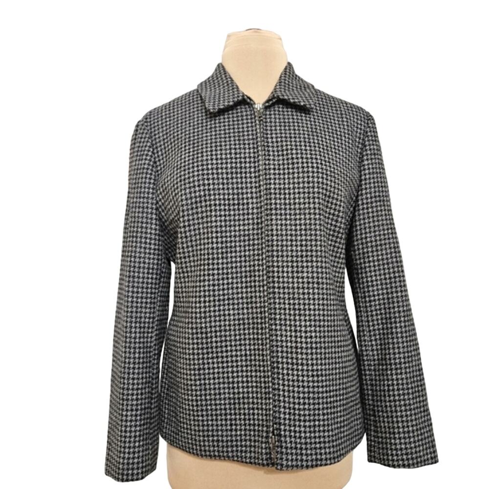 Lauren Ralph Lauren 100% Wool Black Grey Houndstooth Full‎ Zip Blazer 12